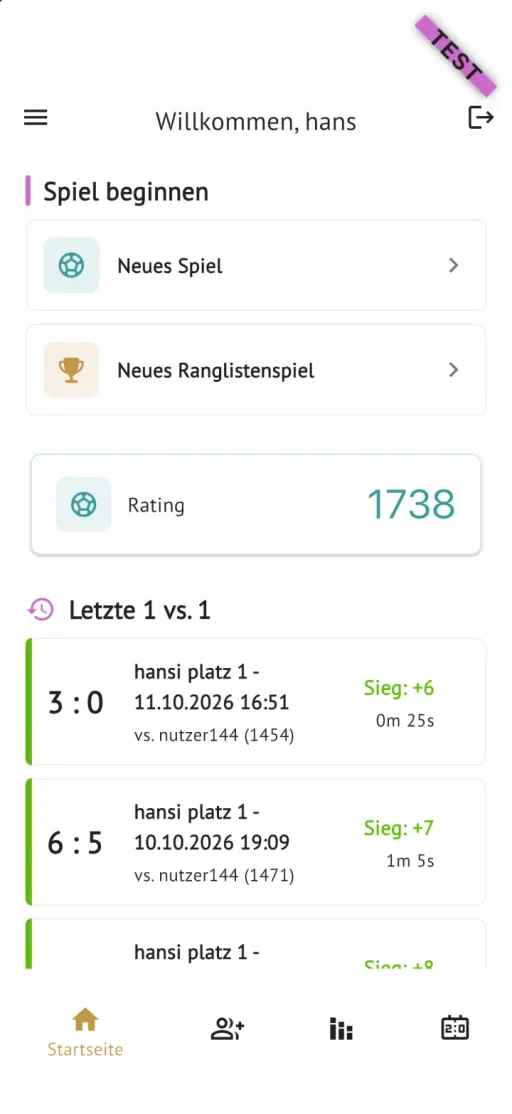 Startseite der App mit Rating und den letzten Spielen