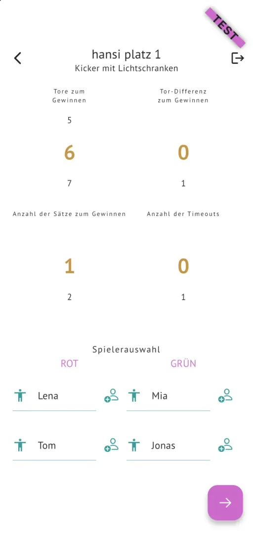 App-Ansicht mit den Match-Einstellungen und der Spielerauswahl für Team Rot und Team Grün